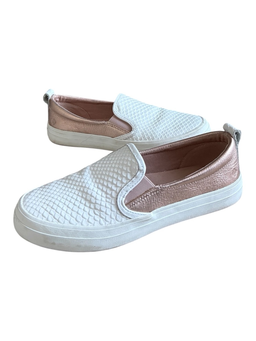 Sperry White Snakeskin and Rose Gold Slip-On Sneakers